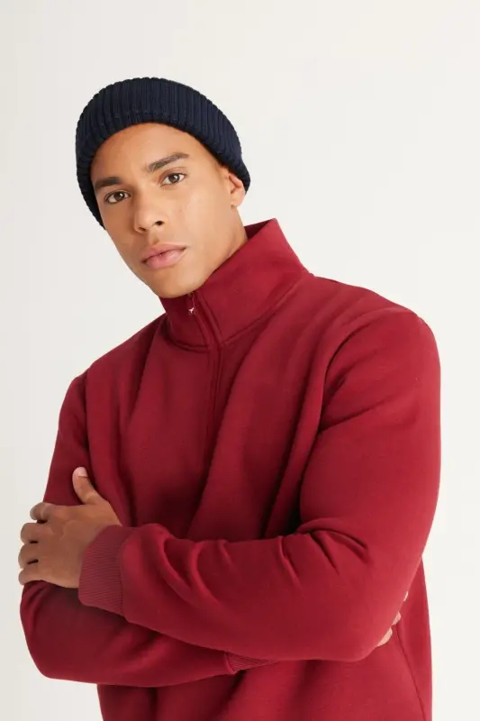 Men's Burgundy Standard Fit Regular Cut Fleece-Lined Zippered Mock Neck Cotton Sweatshirt - Burgundy - 3