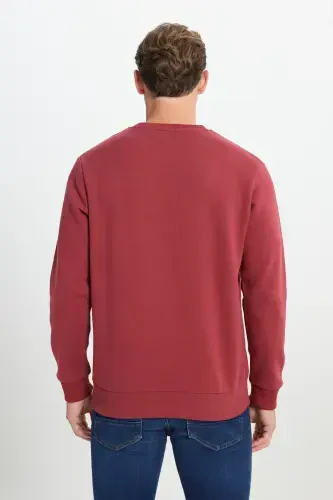 Men's Burgundy Standard Fit Regular Fit Fleece Lined 3 Thread Crew Neck Cotton Sweatshirt-Burgundy - 1