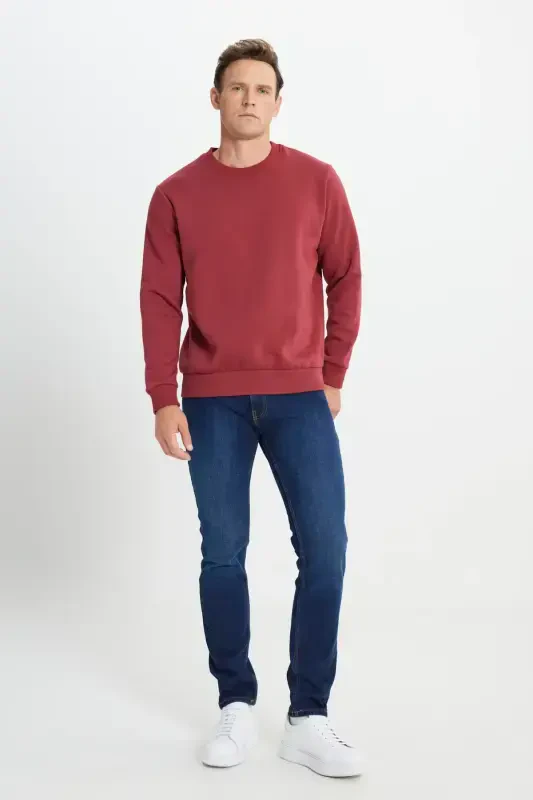 Men's Burgundy Standard Fit Regular Fit Fleece Lined 3 Thread Crew Neck Cotton Sweatshirt-Burgundy - 4