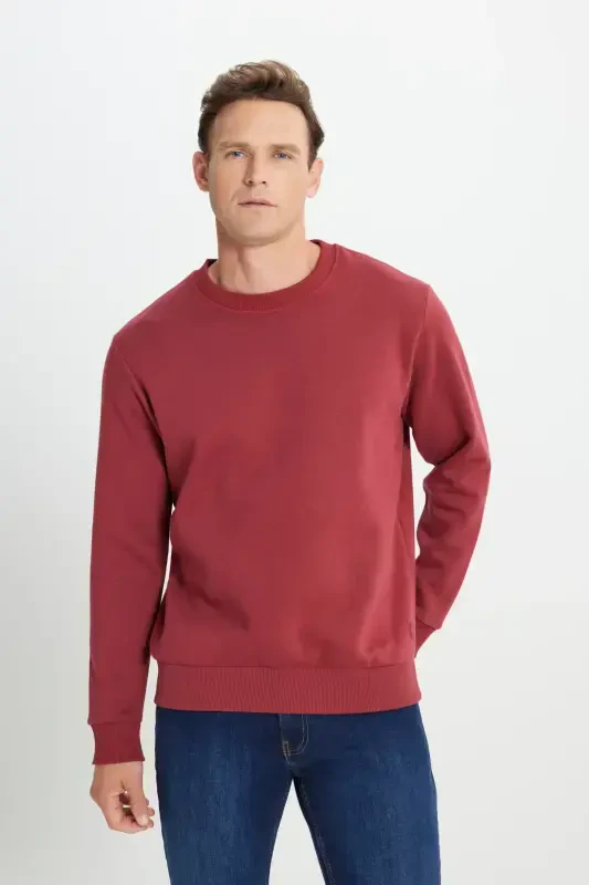 Men's Burgundy Standard Fit Regular Fit Fleece Lined 3 Thread Crew Neck Cotton Sweatshirt-Burgundy - 5