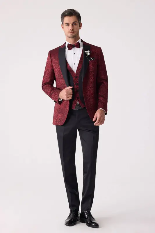 Men's Burgundy Swallow Collar Vest Slim Fit Patterned Tuxedo - 1
