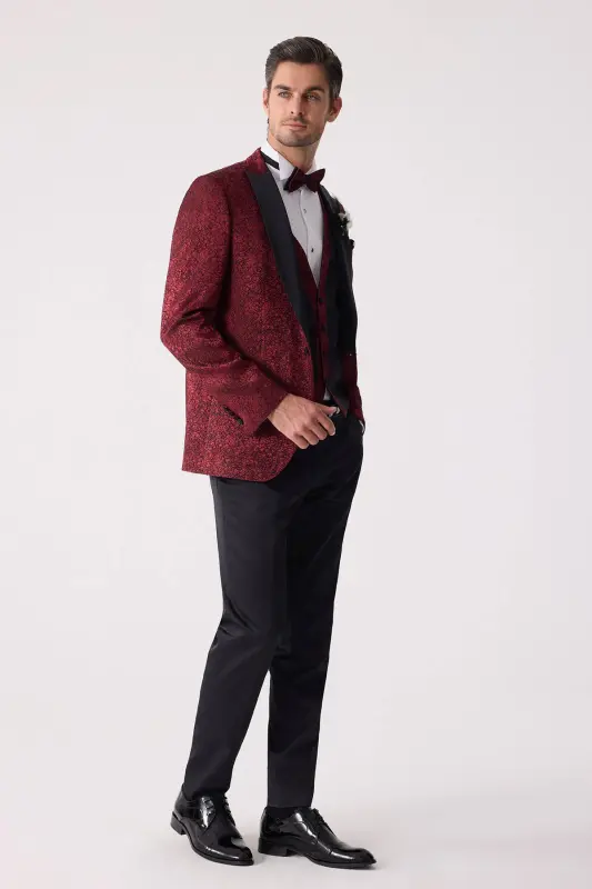 Men's Burgundy Swallow Collar Vest Slim Fit Patterned Tuxedo - 5
