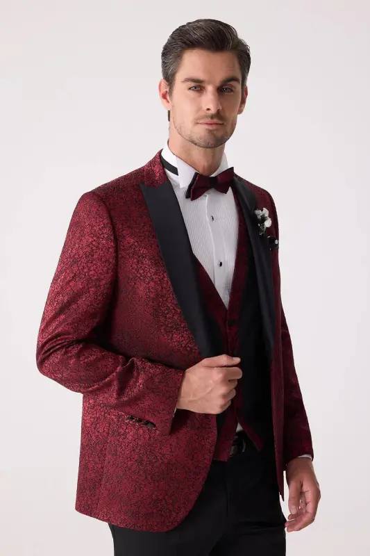 Men's Burgundy Swallow Collar Vest Slim Fit Patterned Tuxedo - 7