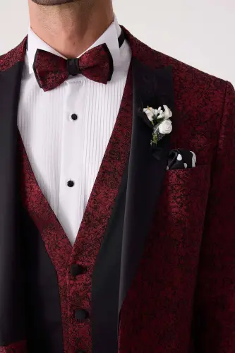 Men's Burgundy Swallow Collar Vest Slim Fit Patterned Tuxedo - 8