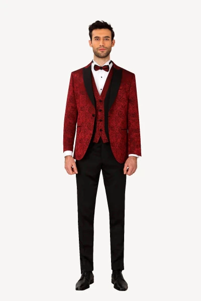 Men's Burgundy Swallow Collar Vest Slim Fit Patterned Tuxedo - YSF