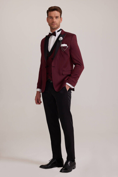 Men's Burgundy Swallowtail Collar Waistcoat Slim Fit Patterned Groom Suit - 10