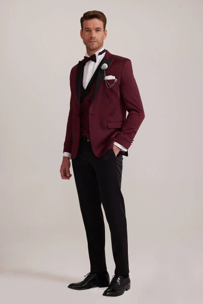 Men's Burgundy Swallowtail Collar Waistcoat Slim Fit Patterned Groom Suit - YSF