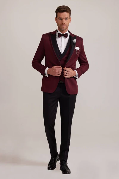 Men's Burgundy Swallowtail Collar Waistcoat Slim Fit Patterned Groom Suit - YSF (1)