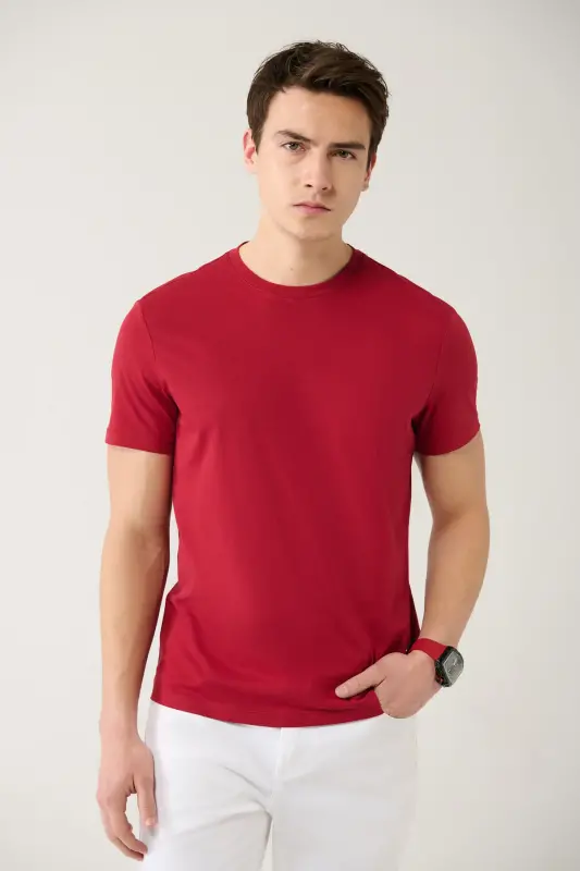 Men's Burgundy T-shirt 100% Cotton Breathable Crew Neck Regular Fit E001000 - AVVA