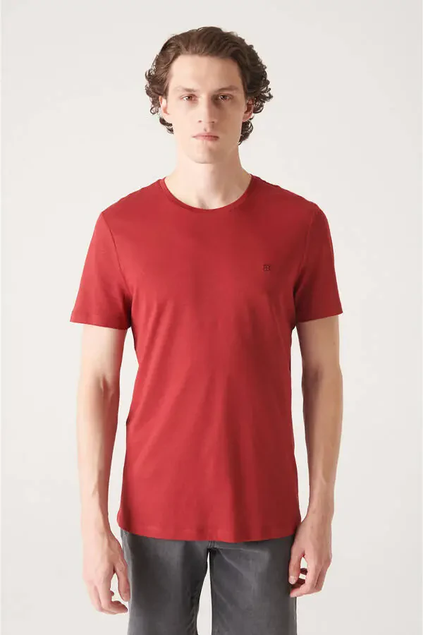 Men's Burgundy Ultrasoft Crew Neck Cotton Slim Fit Skinny T-shirt E001171 - 1