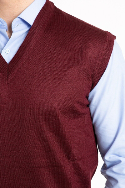 Men's Burgundy V-Neck Fine Wool Knit Non-Pilling Sweater Dad Sweater - 3