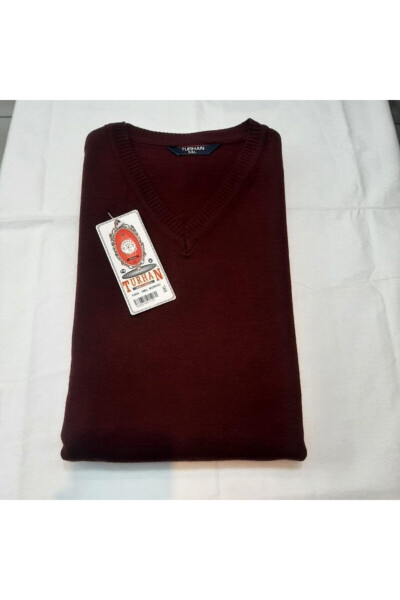 Men's Burgundy V-Neck Sweater - TURHAN TRİKO (1)