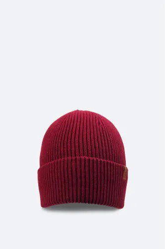 Men's Burgundy Wool Blend Logo Ribbed Beanie B009200 - Burgundy 