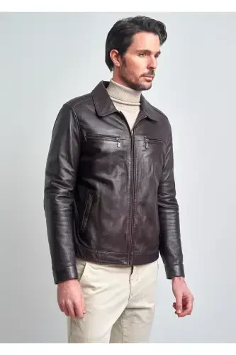 Men's Burgundy Zippered Collar Leather Jacket - 1