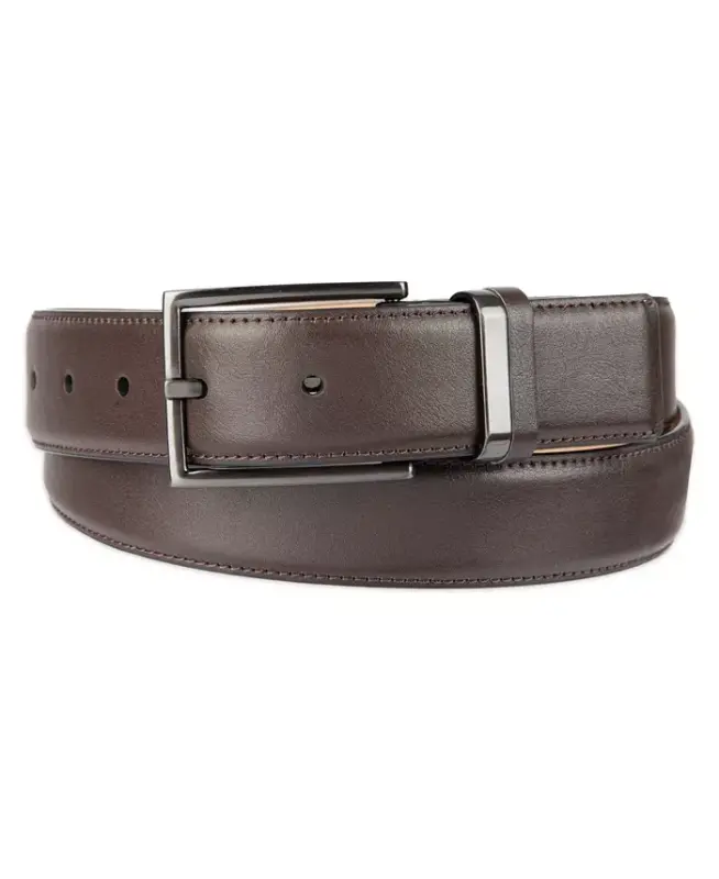 Men's Burnished Edge and Metal Loop Dress Belt, Created for Modazone - Dark Brown - 1