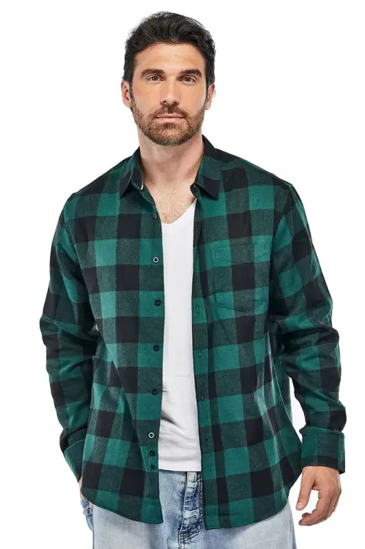 Men's Button Down Classic Fit Flannel Shirt-Green black - 1