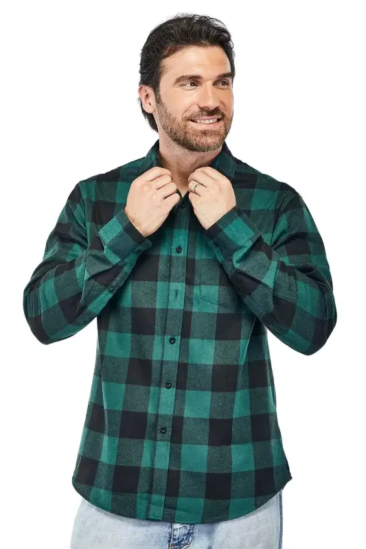 Men's Button Down Classic Fit Flannel Shirt-Green black - 2