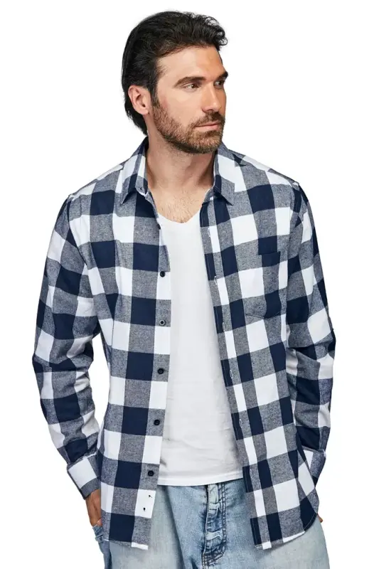 Men's Button Down Classic Fit Flannel Shirt-Navy white - 1