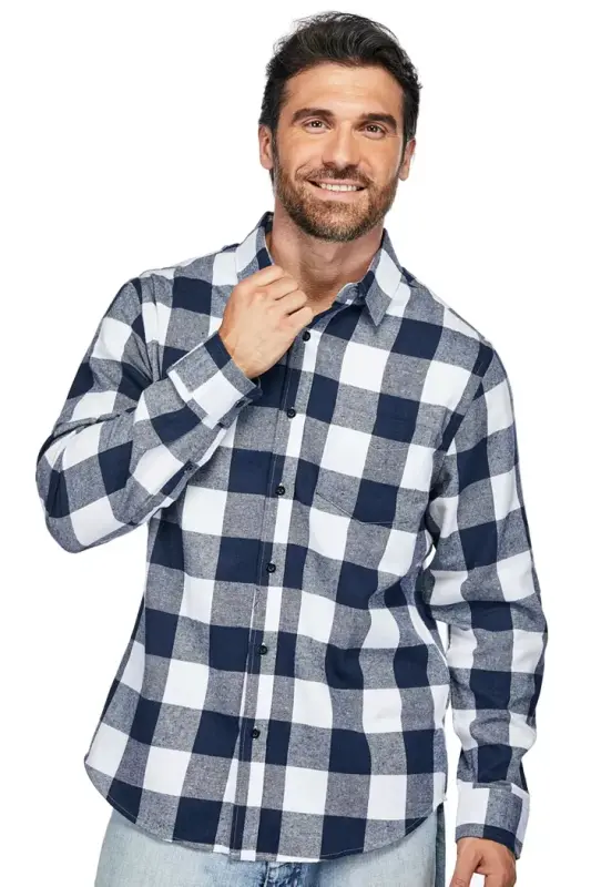 Men's Button Down Classic Fit Flannel Shirt-Navy white - 2