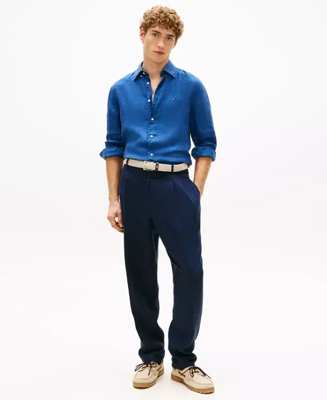 Men's Button-Down Long-Sleeve 100% Linen Shirt - Blue Jean - 2