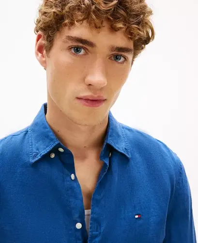 Men's Button-Down Long-Sleeve 100% Linen Shirt - Blue Jean - 3