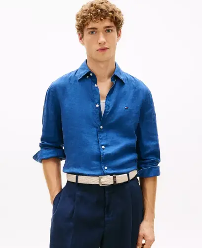 Men's Button-Down Long-Sleeve 100% Linen Shirt - Blue Jean 