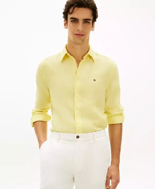 Men's Button-Down Long-Sleeve 100% Linen Shirt - Citronella - 1
