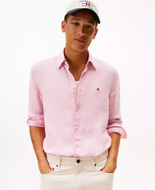 Men's Button-Down Long-Sleeve 100% Linen Shirt - Classic Pink - TOMMY HILFIGER