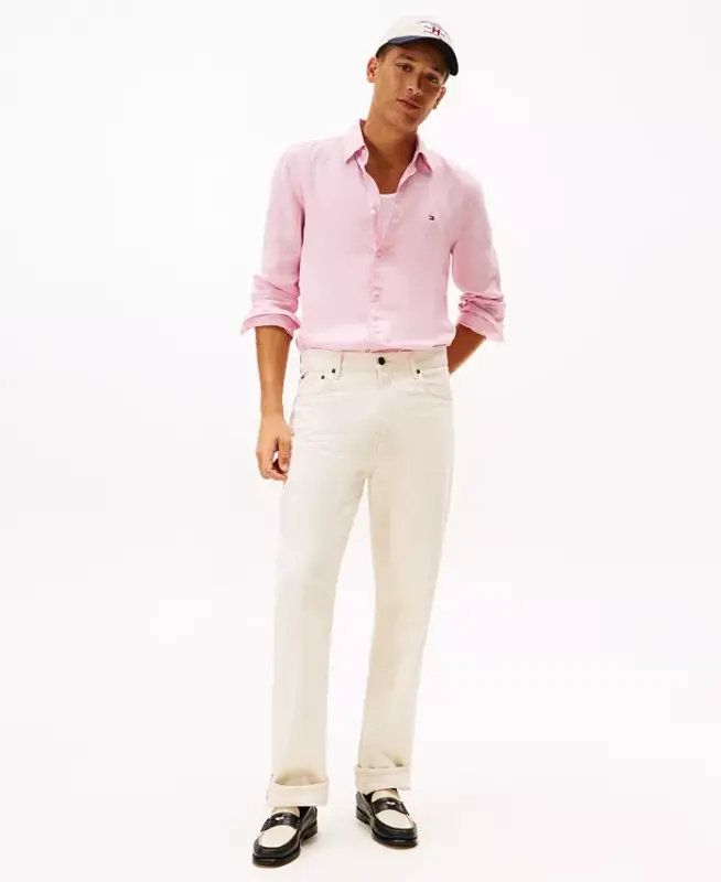 Men's Button-Down Long-Sleeve 100% Linen Shirt - Classic Pink - 6