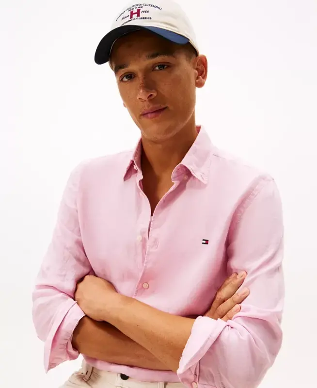 Men's Button-Down Long-Sleeve 100% Linen Shirt - Classic Pink - 7