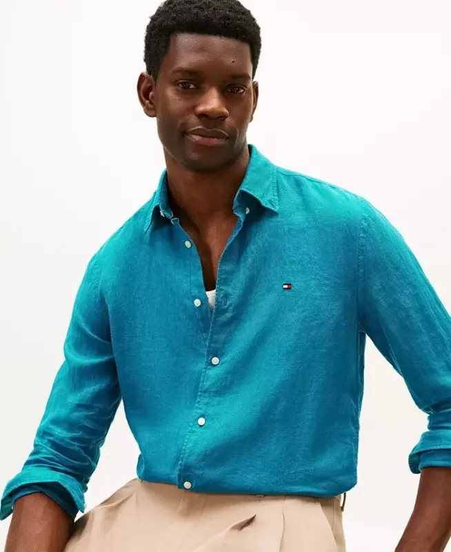 Men's Button-Down Long-Sleeve 100% Linen Shirt - Deep Ocean - 3