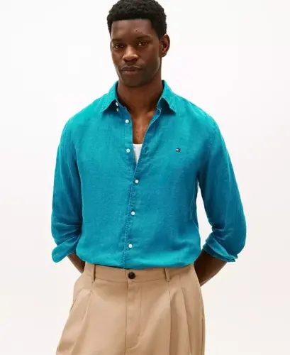Men's Button-Down Long-Sleeve 100% Linen Shirt - Deep Ocean - 1