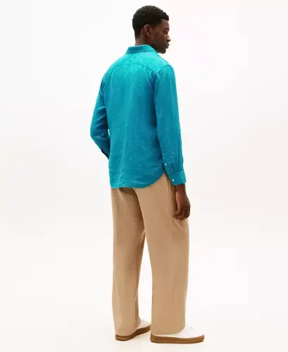 Men's Button-Down Long-Sleeve 100% Linen Shirt - Deep Ocean - 4