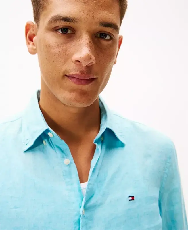 Men's Button-Down Long-Sleeve 100% Linen Shirt - Dewy Blue - 7
