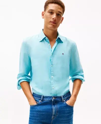 Men's Button-Down Long-Sleeve 100% Linen Shirt - Dewy Blue 