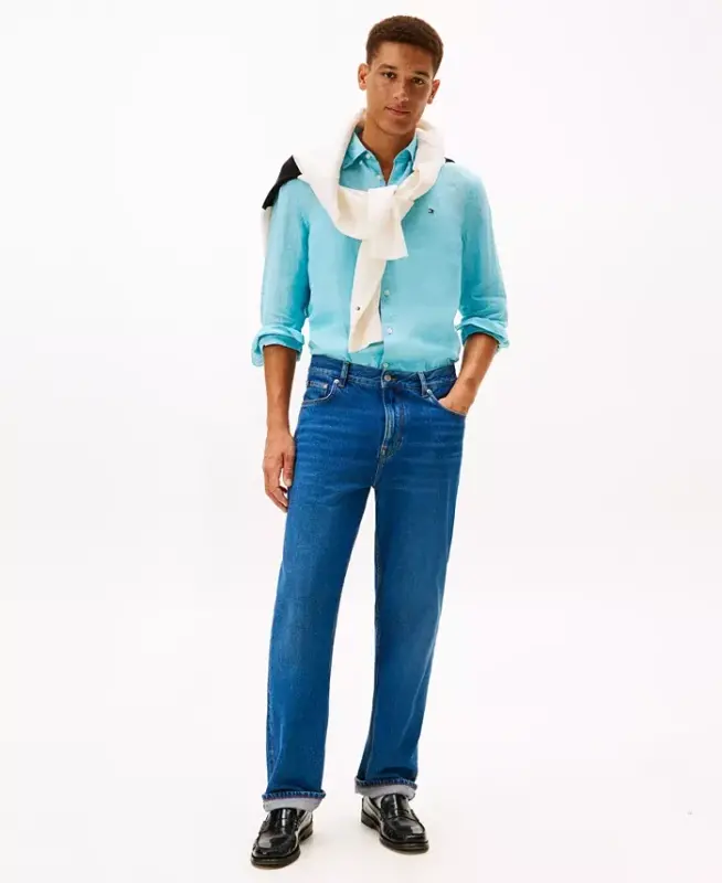 Men's Button-Down Long-Sleeve 100% Linen Shirt - Dewy Blue - 6