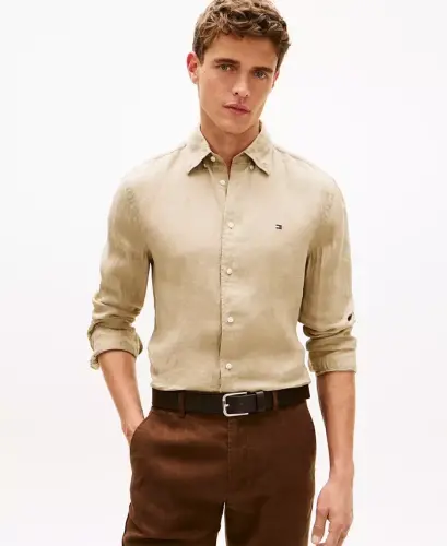 Men's Button-Down Long-Sleeve 100% Linen Shirt - Sandalwood 
