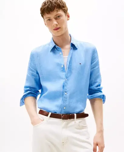 Men's Button-Down Long-Sleeve 100% Linen Shirt - Vessel Blue 