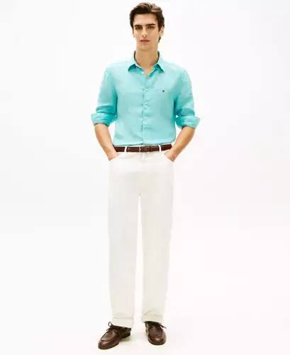 Men's Button-Down Long-Sleeve 100% Linen Shirt - Arctic Aqua - 3