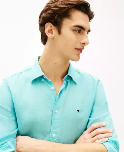 Men's Button-Down Long-Sleeve 100% Linen Shirt - Arctic Aqua - 4