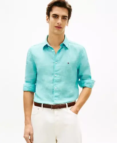 Men's Button-Down Long-Sleeve 100% Linen Shirt - Arctic Aqua 