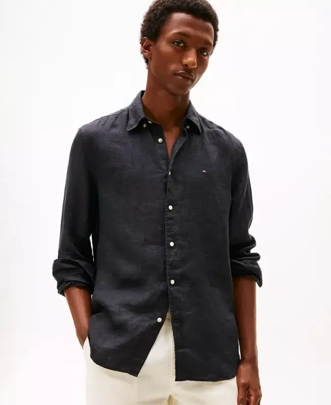 Men's Button-Down Long-Sleeve 100% Linen Shirt - Black - 1