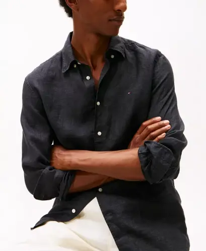Men's Button-Down Long-Sleeve 100% Linen Shirt - Black - 3