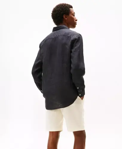 Men's Button-Down Long-Sleeve 100% Linen Shirt - Black - 4