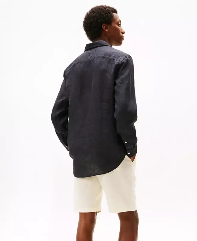 Men's Button-Down Long-Sleeve 100% Linen Shirt - Black - 4