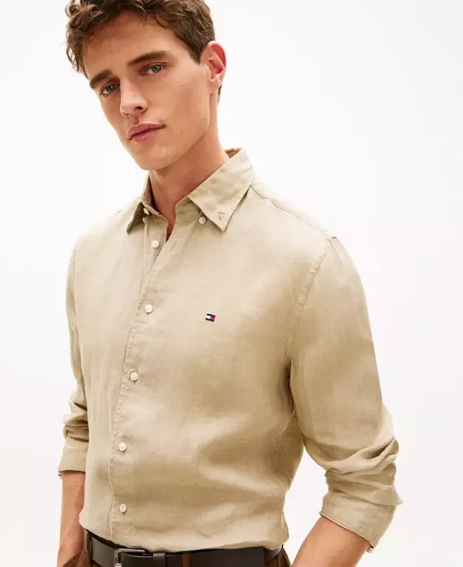 Men's Button-Down Long-Sleeve 100% Linen Shirt - Sandalwood - 3