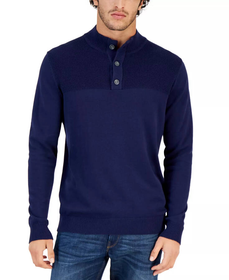 Men's Button Mock Neck Sweater, Created for Macy's, Navy Blue - 1