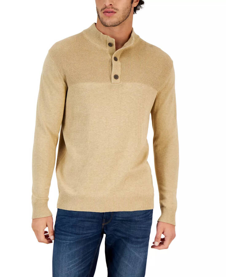 Men's Button Mock Neck Sweater, Created for Modazone Toast Heather - 1