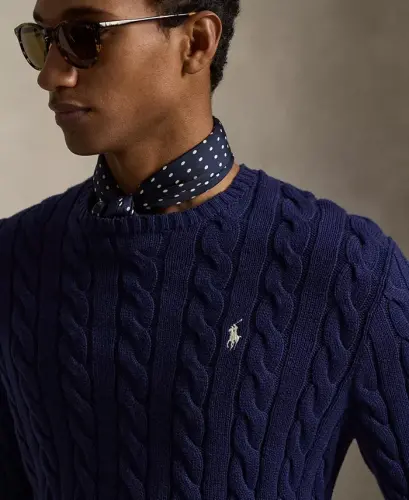 Men's Cable-Knit Cotton Sweater - Bright Navy - 3