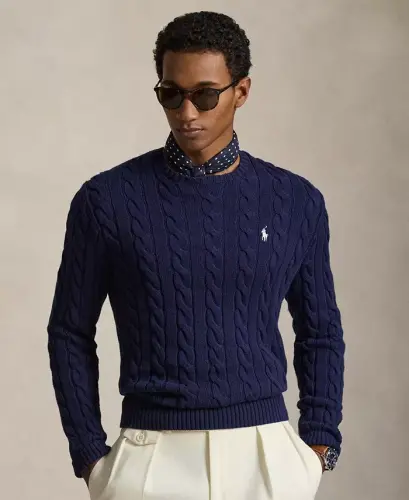 Men's Cable-Knit Cotton Sweater - Bright Navy 